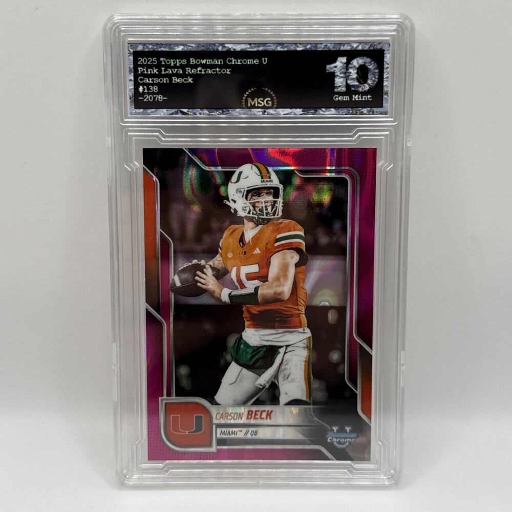 Carson Beck 2025 Bowman Chrome U Pink Lava Refractor No. 138 Miami Graded 10 Gem